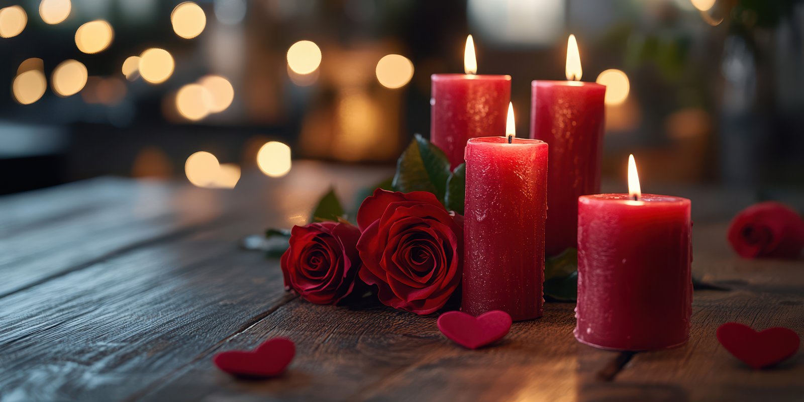 Romantic candlelight arrangement with red roses and heart decorations for a special evening
